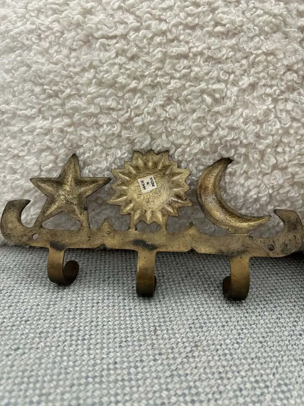 Vintage Brass Celestial Sun Moon and Star Wall Hook Hanger